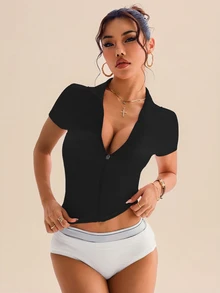 SHEIN Rhythm Era Plus Size Dopamine Black Raglan Short Sleeve Zip-Up Jacket Sports Gym Summer - Black - View 7