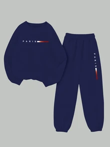 Zolique Paris Minimalist Digital Print Front Casual Comfortable Versatile Streetwear Women Fleece Sweatshirt & Pants Set - Navy Blue - View 4