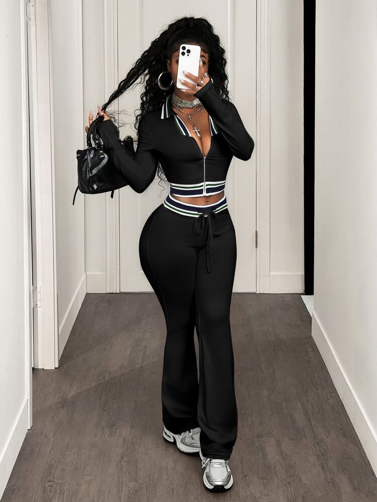 Zolique 2pcs/Set Black And White Striped Autumn Cow Boy Gym Woman Contrast Color Collar Cropped Zip-Up Top Slim Fit Flared Pants Sporty Streetwear Athletic - Black - View 4