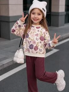 女童花卉印花長袖衛衣與純色長褲套裝 - 彩色 - 查看 1