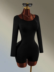 Amplova Women's Minimalist Long Sleeve Athletic Romper Yoga Fitness - Black - View 2