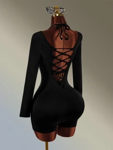 Amplova Women's Minimalist Long Sleeve Athletic Romper Yoga Fitness - Black - View 1