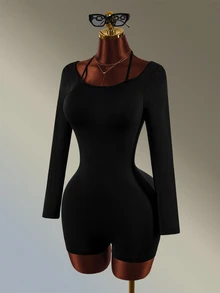 Amplova Women's Minimalist Long Sleeve Athletic Romper Yoga Fitness - Black - View 3