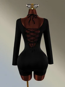 Amplova Women's Minimalist Long Sleeve Athletic Romper Yoga Fitness - Black - View 4