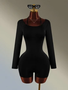 Amplova Women's Minimalist Long Sleeve Athletic Romper Yoga Fitness - Black - View 5