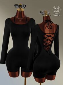 Amplova Women's Minimalist Long Sleeve Athletic Romper Yoga Fitness - Black - View 6