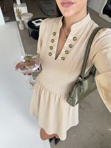 SHEIN Frenchy Women's Solid Color V-Neck Long Sleeve Button Decor Minimalist Versatile Dress - Green - View 4