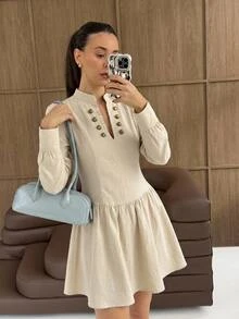 SHEIN Frenchy Women's Solid Color V-Neck Long Sleeve Button Decor Minimalist Versatile Dress - Green - View 6