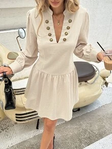 SHEIN Frenchy Women's Solid Color V-Neck Long Sleeve Button Decor Minimalist Versatile Dress - Green - View 8