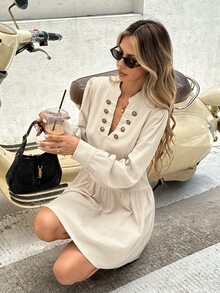 SHEIN Frenchy Women's Solid Color V-Neck Long Sleeve Button Decor Minimalist Versatile Dress - Green - View 9