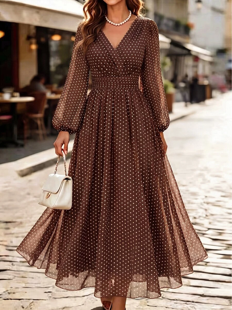 SHEIN Holidaya Polka Dot Pattern Chiffon French Style Long Sleeve V ...