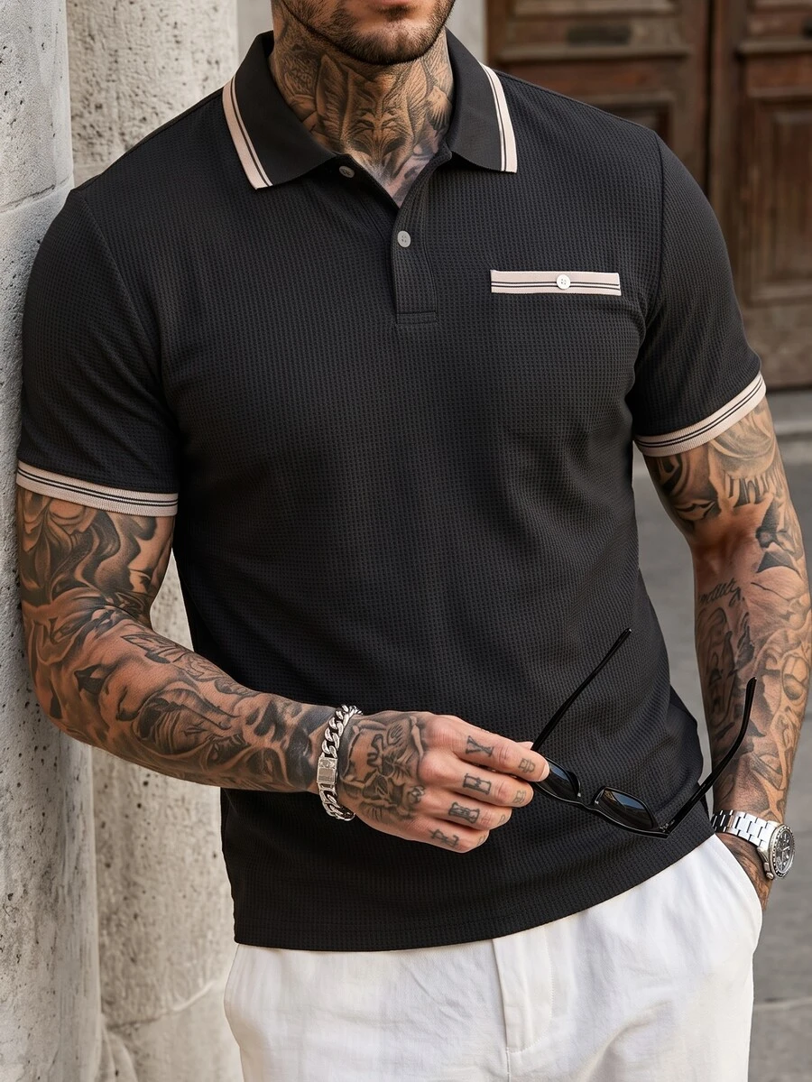 Manfinity Homme 男士拼色休閒日常短袖 Polo 衫 - 黑色 - 查看 1
