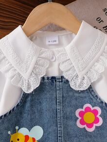 SHEIN Playful Pals 2件組幼女牛仔連身裙套裝，甜美可愛藍白配色，蝴蝶蜜蜂花朵蕾絲荷葉邊泡泡袖鏤空領，休閒派對秋季假期款 - 中等水洗藍 - 查看 7
