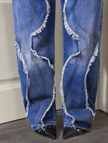 Slaydiva Celana Jeans Wanita Model Vintage dengan Potongan Lebar dan Detail Tajam, Ujung Bawah Berumbai, Desain Asimetris Bergelombang, Warna Pudar, Panjang Hingga Lantai, Nyaman dan Tahan Noda, Potongan Longgar untuk Gerakan Bebas, Gaya Retro Cocok untuk Gaya Jalanan dan Fotografi Sehari-hari - Biru - View 6