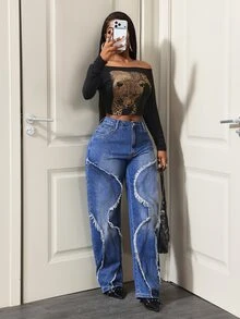 Slaydiva Celana Jeans Wanita Model Vintage dengan Potongan Lebar dan Detail Tajam, Ujung Bawah Berumbai, Desain Asimetris Bergelombang, Warna Pudar, Panjang Hingga Lantai, Nyaman dan Tahan Noda, Potongan Longgar untuk Gerakan Bebas, Gaya Retro Cocok untuk Gaya Jalanan dan Fotografi Sehari-hari - Biru - View 4