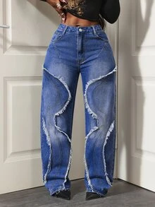 Slaydiva Celana Jeans Wanita Model Vintage dengan Potongan Lebar dan Detail Tajam, Ujung Bawah Berumbai, Desain Asimetris Bergelombang, Warna Pudar, Panjang Hingga Lantai, Nyaman dan Tahan Noda, Potongan Longgar untuk Gerakan Bebas, Gaya Retro Cocok untuk Gaya Jalanan dan Fotografi Sehari-hari - Biru - View 8