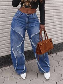 Slaydiva Celana Jeans Wanita Model Vintage dengan Potongan Lebar dan Detail Tajam, Ujung Bawah Berumbai, Desain Asimetris Bergelombang, Warna Pudar, Panjang Hingga Lantai, Nyaman dan Tahan Noda, Potongan Longgar untuk Gerakan Bebas, Gaya Retro Cocok untuk Gaya Jalanan dan Fotografi Sehari-hari - Biru - View 1