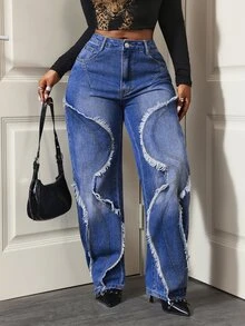 Slaydiva Celana Jeans Wanita Model Vintage dengan Potongan Lebar dan Detail Tajam, Ujung Bawah Berumbai, Desain Asimetris Bergelombang, Warna Pudar, Panjang Hingga Lantai, Nyaman dan Tahan Noda, Potongan Longgar untuk Gerakan Bebas, Gaya Retro Cocok untuk Gaya Jalanan dan Fotografi Sehari-hari - Biru - View 5
