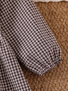 SHEIN Playful Pals 女嬰格紋洋裝 可愛甜美 棕色白色花卉刺繡 蝴蝶結蕾絲 長袖 彼得潘領 生日 秋季 婚禮賓客禮服 假日時尚 - 卡其色 - 查看 8