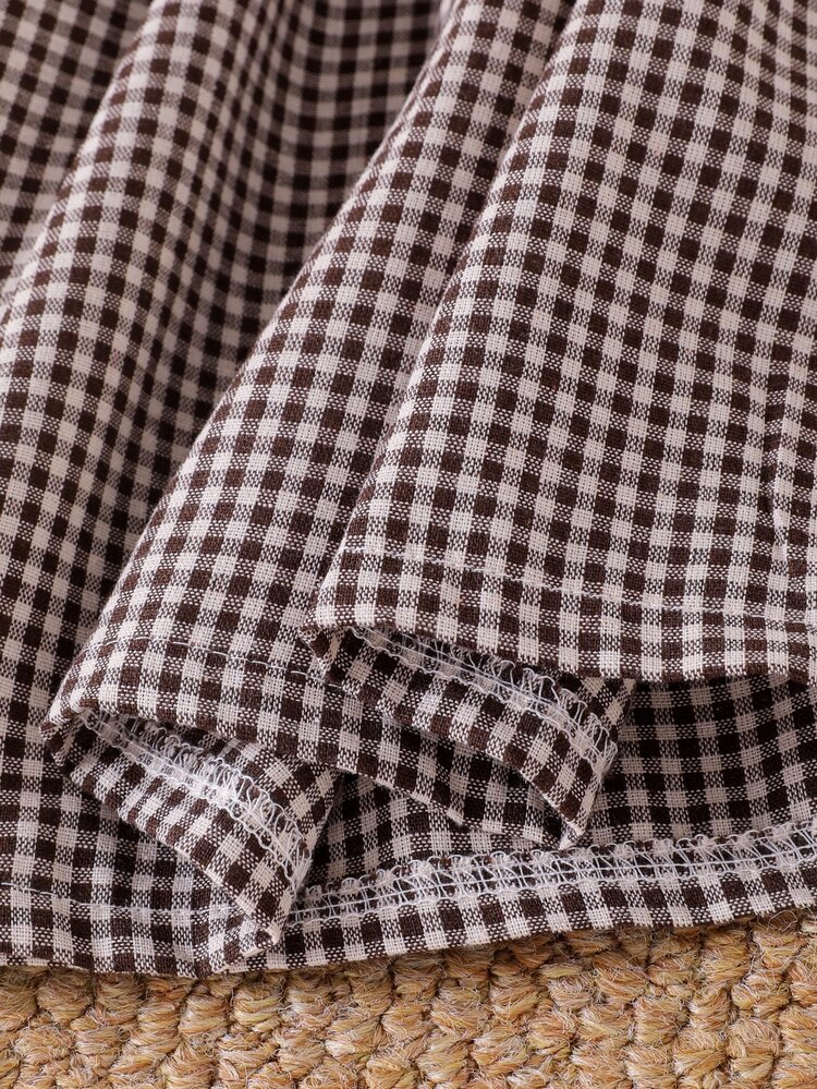 SHEIN Playful Pals Baby Girls Gingham Dress Cute Sweet Brown White Floral Embroidery Bow Lace Long Sleeve Peter Pan Collar Birthday Fall Wedding Guest Dress Holiday Chic - Khaki - View 12