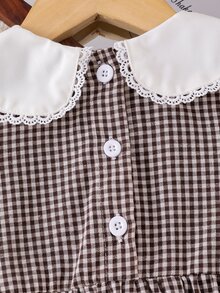 SHEIN Playful Pals 女嬰格紋洋裝 可愛甜美 棕色白色花卉刺繡 蝴蝶結蕾絲 長袖 彼得潘領 生日 秋季 婚禮賓客禮服 假日時尚 - 卡其色 - 查看 7