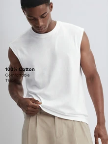 Merionis Men's High-Quality Thick 100% Cotton Summer Casual Basic Versatile Solid Color Tank Top City Break Evening Holiday Office Party White - White - View 1