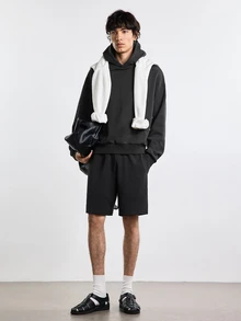 Merionis Men's Loose Casual Minimalist All-Cotton Black Short Hoodie, High-Quality Store Style - Black - View 4