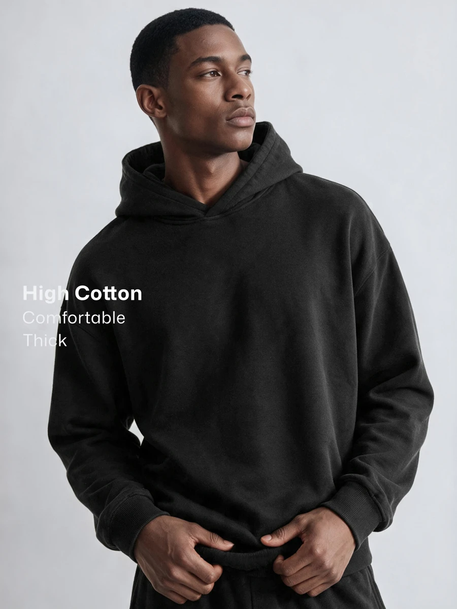 Merionis Men's Loose Casual Minimalist All-Cotton Black Short Hoodie, High-Quality Store Style - Black - View 1