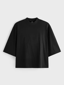 Merionis Boxy Cropped Loose Casual Minimalist Fashion Mid-Sleeve T-Shirt, High Quality Store Style, 100% Cotton Comfortable - Black - View 4
