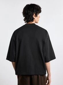 Merionis Boxy Cropped Loose Casual Minimalist Fashion Mid-Sleeve T-Shirt, High Quality Store Style, 100% Cotton Comfortable - Black - View 3