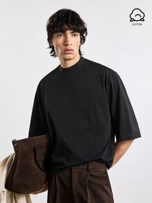 Merionis Boxy Cropped Loose Casual Minimalist Fashion Mid-Sleeve T-Shirt, High Quality Store Style, 100% Cotton Comfortable - Black - View 8