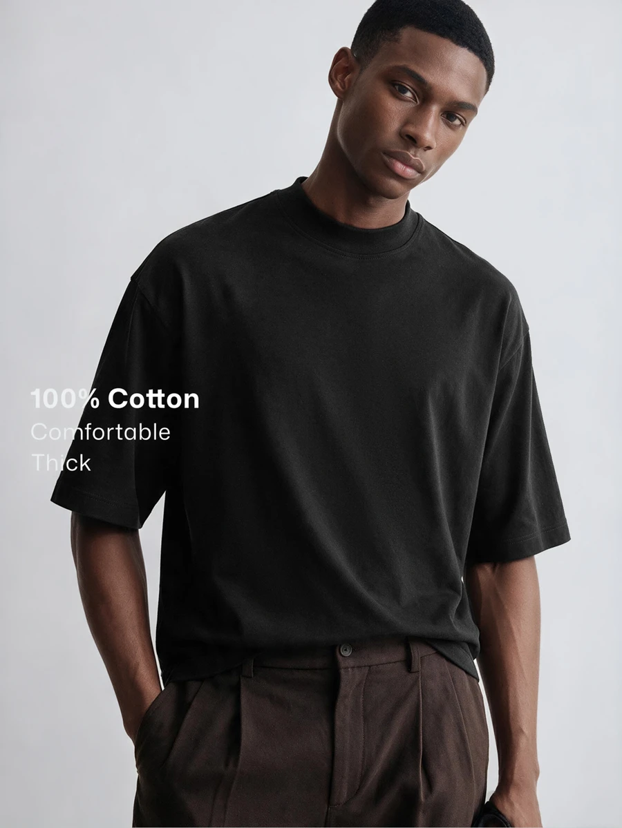 Merionis Boxy Cropped Loose Casual Minimalist Fashion Mid-Sleeve T-Shirt, High Quality Store Style, 100% Cotton Comfortable - Black - View 1