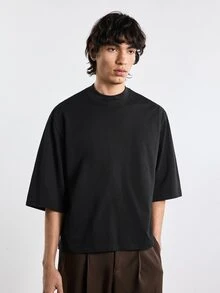 Merionis Boxy Cropped Loose Casual Minimalist Fashion Mid-Sleeve T-Shirt, High Quality Store Style, 100% Cotton Comfortable - Black - View 7