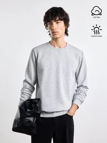 Merionis Men's High Cotton Casual Basic  Versatile Solid Color Crew Neck Long Sleeve Pullover Sweatshirt Back-To-School Birthday Graduation Office Light Grey - Light Grey - View 7