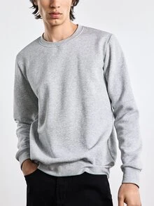 Merionis Men's High Cotton Casual Basic  Versatile Solid Color Crew Neck Long Sleeve Pullover Sweatshirt Back-To-School Birthday Graduation Office Light Grey - Light Grey - View 8