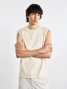 Merionis 男士極簡百搭純色圓領背心，適合運動與日常穿著 - 卡其色 - 查看 7