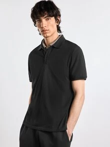 Merionis 男士素色單排扣休閒日常短袖 Polo 衫 - 黑色 - 查看 7