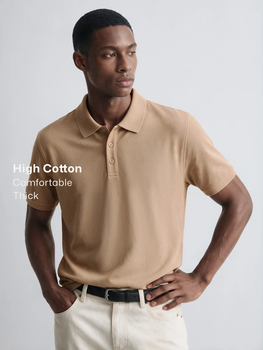 Merionis Men's High Cotton Content Soft And Comfortable Khaki Button Half-Placket Short Sleeve Polo Shirt Birthday Office Vacation Workout Summer Casual Modest - Khaki - View 1
