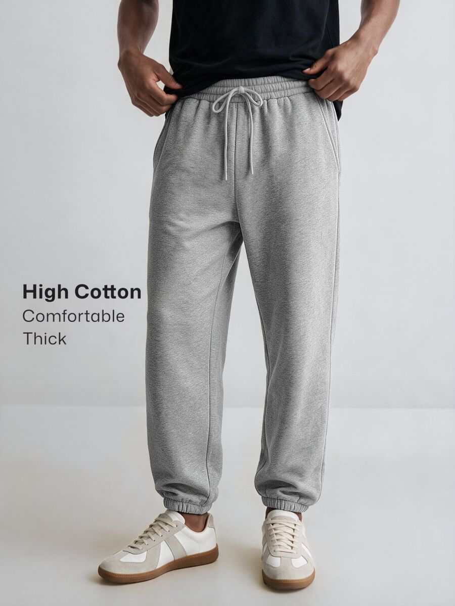 Merionis Men's High Cotton Content Soft And Comfortable Standard Size Fleece Lined Pocket Casual Basic Streetwear Sweatpants Gym Jogging Light Grey Winter