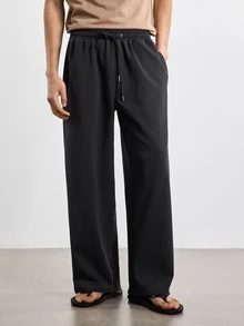 Merionis Men's Solid Color Drawstring Waist Straight Leg Loose Casual Sweatpants - Black - View 10
