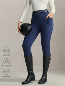 Activina 女款高腰口袋休閒日常馬術緊身褲 海軍藍 優雅運動透氣時尚休閒高腰四季外穿日常穿著 - 藏蓝色 - 查看 8