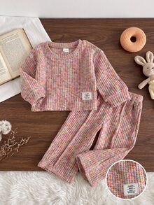 SHEIN Playful Pals 2pcs Baby Girl Long Sleeve Top + Pants Sweet Pink Multi Waffle Rainbow Grid Plaid Full Sleeve Round Neck Regular Birthday Party Fall Holiday - Multicolor - View 10