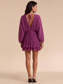 Bluhae Sexy Romantic Elegant Evening Date V-Neck Pleated Shawl Design Double Layer Hem Women's Party Short Dress Wedding Purple ,Fall Clothes For Women, - Red Violet - View 3