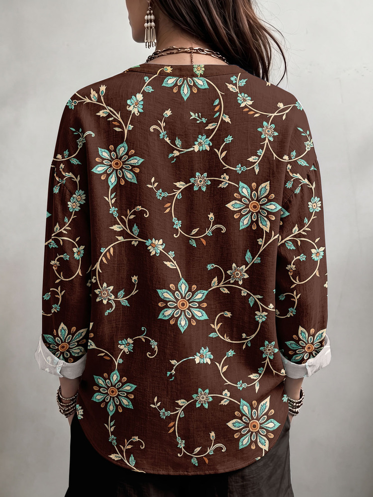 Linhara CURVE Blus Lengan Panjang Leher V Berpotongan Longgar Kasual Warna Cokelat Kopi untuk Wanita Ukuran Plus Motif Bunga Turquoise Boho, Kemeja Longgar Kasual Warna Cokelat Kopi untuk Kantor, Liburan, dan Pantai - MultiWarna - View 2