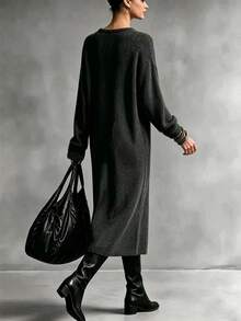 Breezaya Women's Solid Color V-Neck Casual Daily Knit Dress - Dark Grey - View 2