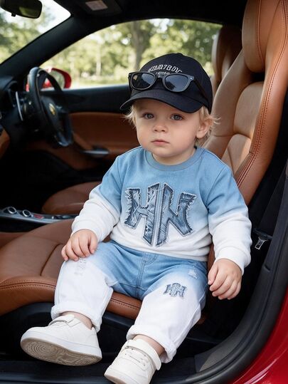SHEIN 2pcs Toddler Boy Sweatshirt + Pants Cute Blue White Ombre Distressed Applique Long Sleeve Round Neck Regular Outdoor Fall Sweaters Holiday Ribbed Cuff