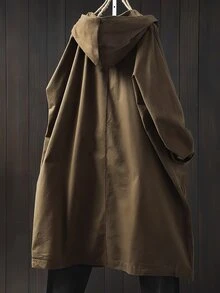 SHEIN LUNE Plus Size Casual Hooded Long Jacket With Large Pockets Fall Winter Cloth For Women Autumn - Brown - View 2