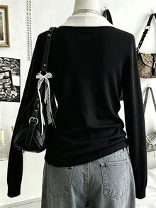 Lalippa Sweater Rajut Polo Kerah Blok Warna Vintage Awal Musim Gugur untuk Wanita, Lapisan Dalam, Dasar, Leher V, Bahu Reguler, Atasan Kaos - Hitam - View 2