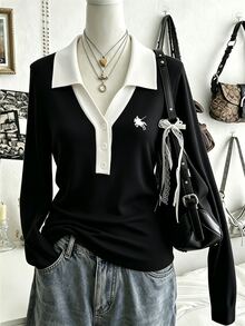 Lalippa Sweater Rajut Polo Kerah Blok Warna Vintage Awal Musim Gugur untuk Wanita, Lapisan Dalam, Dasar, Leher V, Bahu Reguler, Atasan Kaos - Hitam - View 1