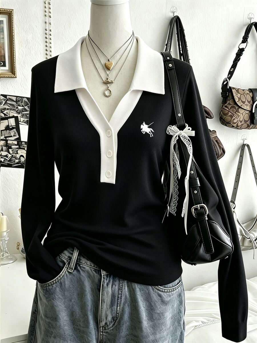 Lalippa Sweater Rajut Polo Kerah Blok Warna Vintage Awal Musim Gugur untuk Wanita, Lapisan Dalam, Dasar, Leher V, Bahu Reguler, Atasan Kaos - Hitam - View 1